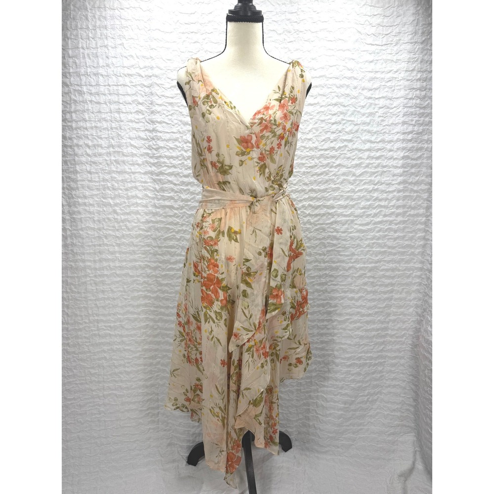 Joie Floral Silk Blend Lurex Handkerchief Hem Midi Dress Pink Orange Cream M